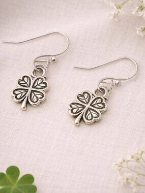 Antiqued Silver Four Leaf Clover Dangle Earrings Good Luck
